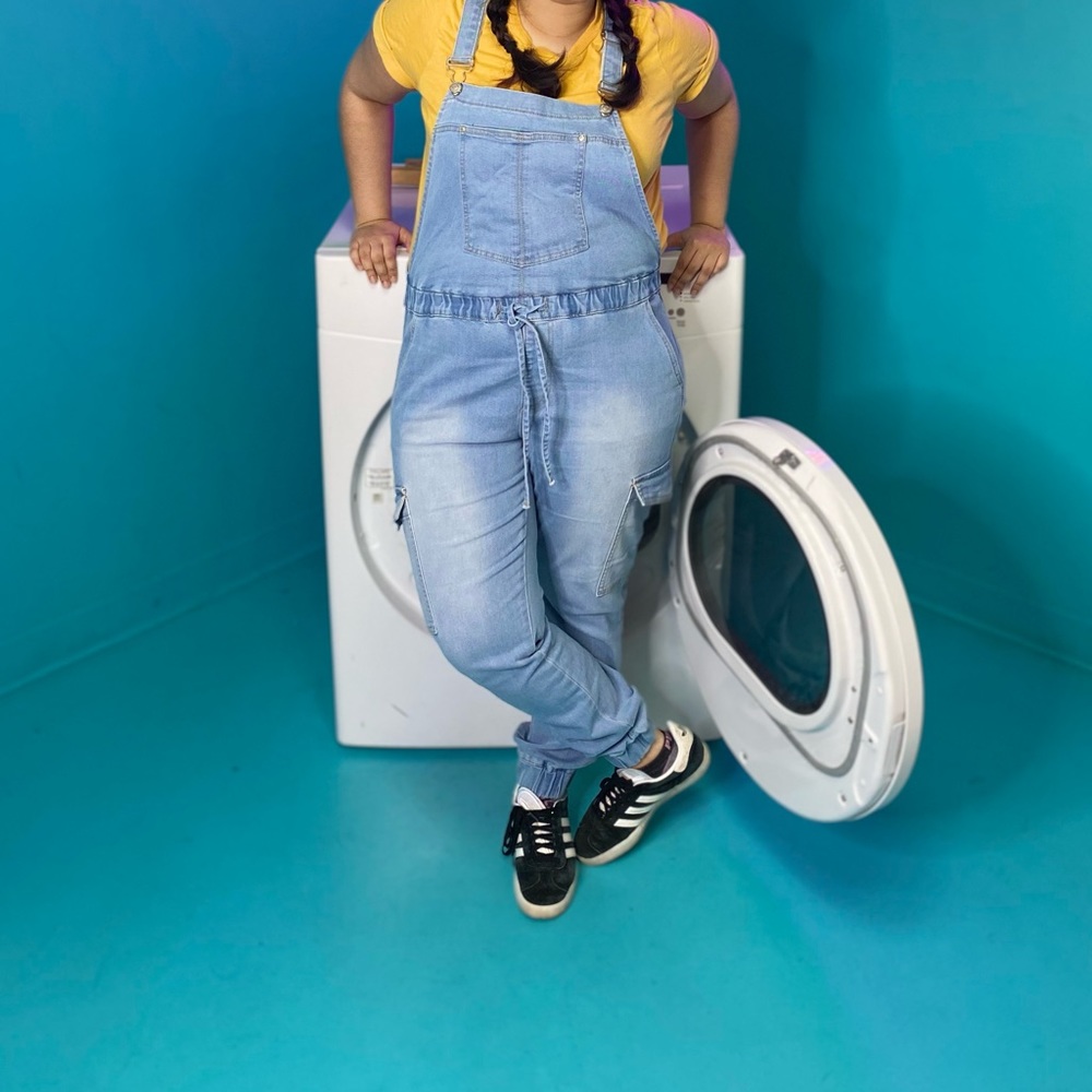 Cute soft blue overalls.